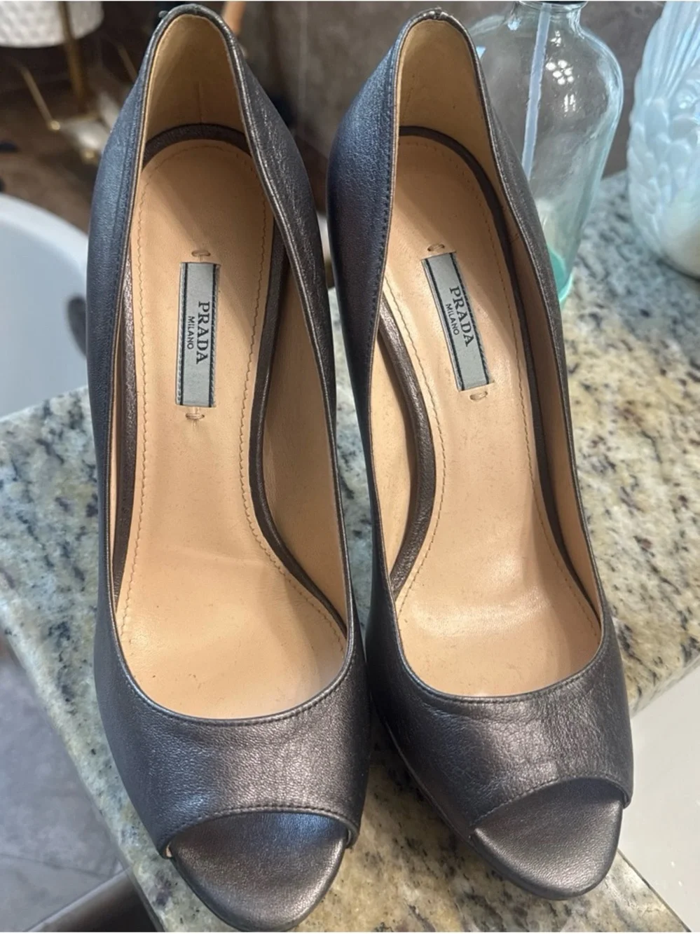 Prada Metallic Charcoal Peep-Toe Heels